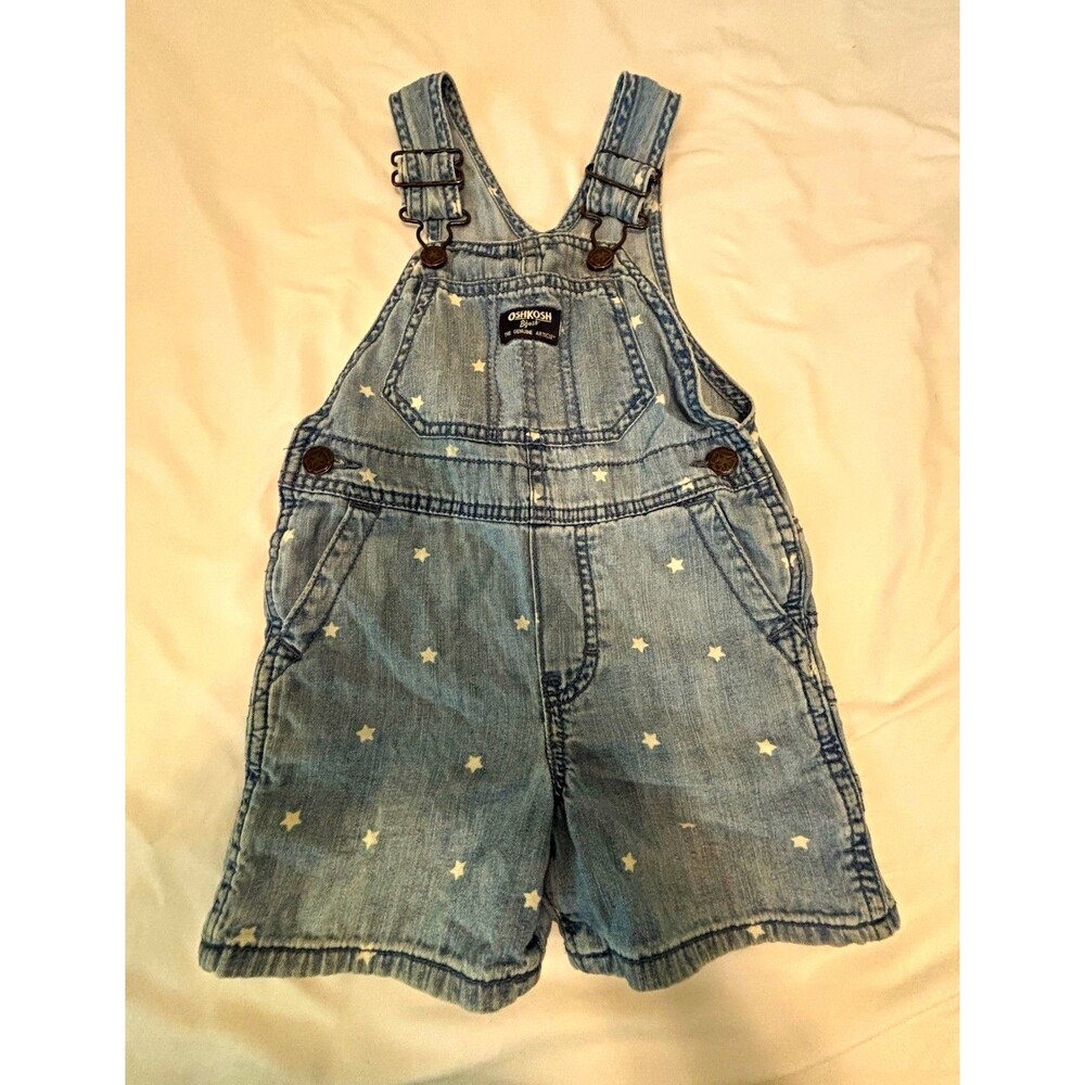 OshKosh B'gosh 2T Blue Denim Star Shortalls Overalls Adjustable Straps Pockets